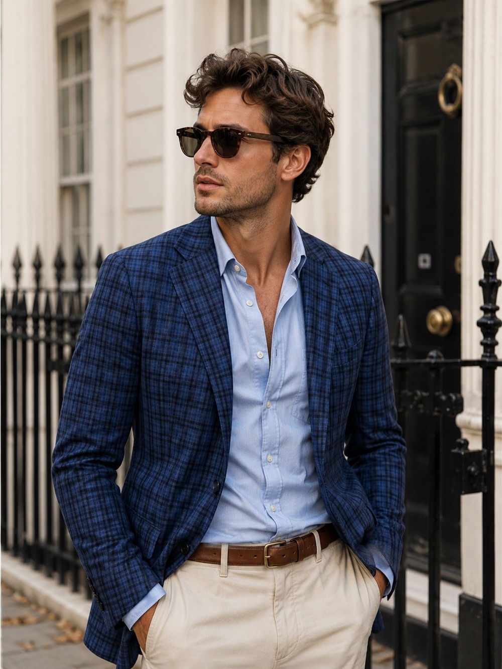 Byron British Style Slim Fit Blazer – Men’s 40R Navy Blue Plaid Preppy Luxury